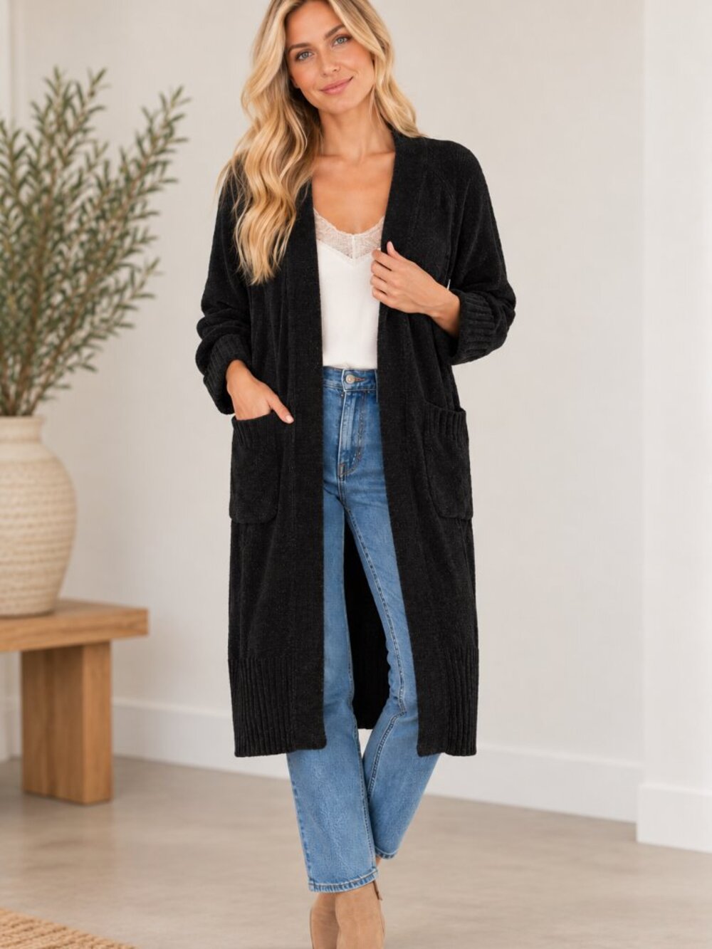 316. Oversized Duster W/ Cuffed Sleeve Rib & Cable Knit Detail